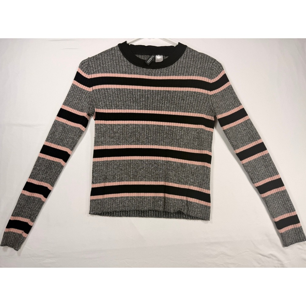 H&M Divided Striped Ribbed Sweater Womens Medium Grey Pink Black Excellent Slim